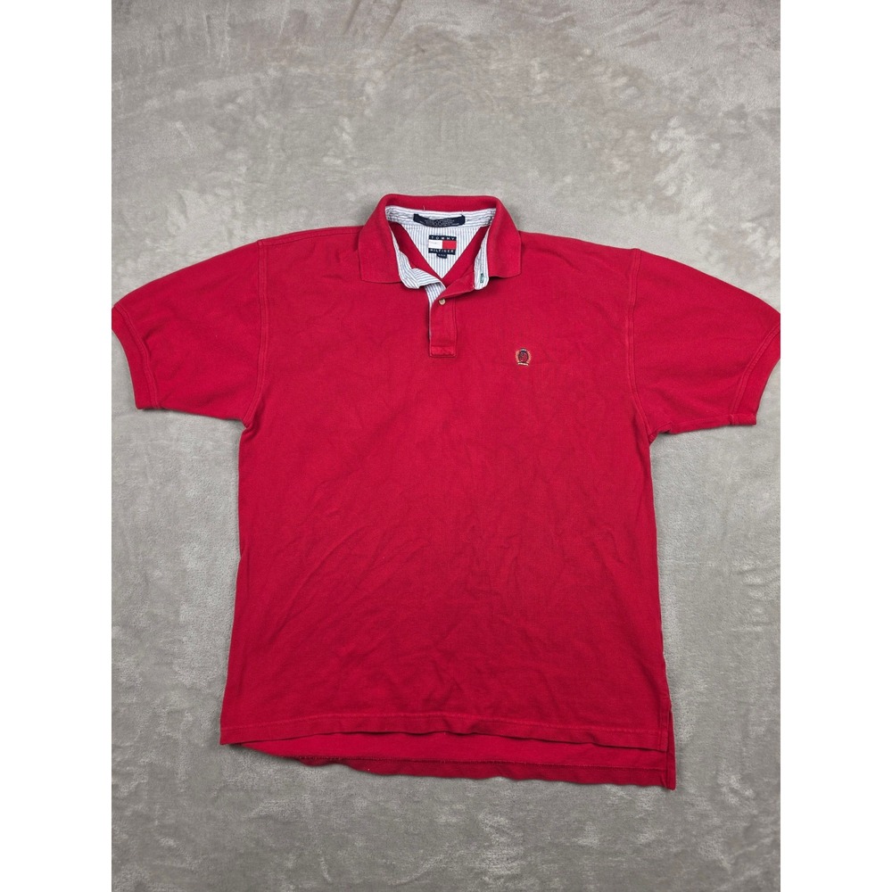 Vtg Tommy Hilfiger Polo Shirt Mens M Red Short Sleeve Crest Logo Pique Y2K *Hole